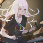  1other androgynous bangs chromatic_aberration closed_mouth cymbals dolphenry drum drumming drumsticks hololive hololive_english instrument long_hair multicolored_hair omega_alpha rainbow_hair red_eyes shirt t-shirt wristband 