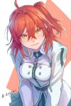  1girl ahoge asagi_tsuzumi belt belt_buckle black_belt black_skirt breasts buckle buttons chaldea_logo collared_jacket commentary fate/grand_order fate_(series) fujimaru_ritsuka_(female) fujimaru_ritsuka_(female)_(normal_chaldea_uniform) highres jacket long_sleeves looking_at_viewer one_side_up orange_eyes orange_hair pleated_skirt skirt solo twitter_username white_jacket 