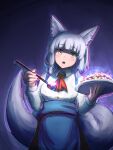  1girl absurdres animal_ear_fluff animal_ears apron ascot aura black_skirt blue_apron blue_bow blunt_bangs blush bow breasts buttons chopsticks chromatic_aberration collared_shirt commentary cowboy_shot dark_aura dated_commentary dress_shirt dual_wielding feeding_viewer food fox_ears fox_girl fox_tail grey_hair hair_bow hands_up highres holding holding_plate long_sleeves looking_at_viewer machikado_mazoku medium_breasts medium_hair open_mouth plate red_ascot riko_(machikado_mazoku) shaded_face shirt sidelocks skirt slit_pupils smile solo suspender_skirt suspenders tail tail_raised thick_eyebrows waitress white_shirt yellow_eyes yunoppi 