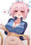  1girl :d blue_archive blue_halo bottomless breasts cleavage commentary_request cropped_rash_guard gradient_background grey_background hair_bun halo heart highres holding holding_rope kokoro_(blue_archive) large_breasts looking_at_viewer mole mole_under_eye navel open_mouth pink_hair red_eyes rope short_hair single_hair_bun smile solo spoken_heart ushimittsu 
