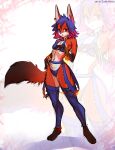  2021 anthro barefoot biped blowup_background blue_hair breasts canid canine ear_piercing ear_ring feet female fox hair heterochromia hi_res mammal navel piercing simple_background sleepyhelen solo standing 