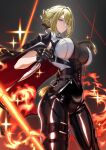  1girl arm_strap black_background black_bodysuit black_gloves black_jacket black_pants blonde_hair blunt_bangs bodysuit bodysuit_under_clothes braid braided_base breasts bun_with_braided_base chest_harness closed_mouth collared_shirt commentary cowboy_shot earrings evelyn_chevalier expressionless fire gloves hair_bun hair_intakes harness high-waist_pants highres holding holding_knife jacket jacket_on_shoulders jewelry knife large_breasts latex latex_pants looking_at_viewer mole mole_under_eye necktie pants purple_eyes reverse_grip ring_hair_ornament shirt short_hair simple_background sleeveless sleeveless_shirt solo sparkle standing suigetu26 tassel thigh_strap tight_clothes tight_pants white_shirt wing_collar yellow_necktie zenless_zone_zero 