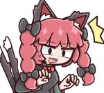  1girl animal_ear_fluff animal_ears black_eyes bow bowtie braid cat_ears cat_tail commentary fang kaenbyou_rin long_hair long_sleeves multiple_tails open_mouth red_bow red_bowtie red_hair side_braids simple_background skin_fang solo surprised sweat tail touhou twin_braids two_tails upper_body white_background yoriyori 