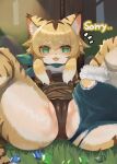  2022 alternate_version_at_source anthro anus_outline blonde_hair blush bodily_fluids breasts brown_body brown_fur brown_hair butt camel_toe clothed clothing cute_fangs dokomon emanata english_text felid female fur gem genital_outline grass green_eyes hair hi_res inner_ear_fluff kemono looking_at_viewer mammal mia_(world_flipper) multicolored_body multicolored_ears multicolored_fur multicolored_hair multicolored_tail neckerchief on_ground open_mouth pantherine panties plant pussy_outline small_breasts solo spread_legs spreading sweat sweatdrop text tiger tongue torn_clothing translated_description tuft underwear white_body white_fur white_hair world_flipper yellow_body yellow_fur 