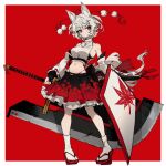  1girl anderson_m0311 animal_ears bare_shoulders black_skirt blush closed_mouth commentary_request detached_sleeves hat highleg highleg_panties highres holding holding_sword holding_weapon inubashiri_momiji leaf_print looking_to_the_side maple_leaf_print navel panties pom_pom_(clothes) red_background red_eyes red_skirt reverse_grip shield shirt short_hair simple_background skirt solo stomach sword tail tokin_hat touhou two-tone_skirt underwear weapon white_hair white_shirt wolf_ears wolf_girl wolf_tail 