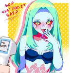  1girl ? aqua_hair bare_shoulders blizzard_(b1iz4rd) blue_bra blue_nails blush bra breasts breasts_apart cat_detector_(meme) colored_sclera covering_own_mouth cyberpunk:_edgerunners cyberpunk_(series) cyborg dotted_background english_text fang fingernails furrowed_brow green_eyes hand_over_own_mouth hand_up highres long_hair looking_at_viewer mechanical_arms medium_breasts meme multicolored_eyes neck_tattoo open_mouth panties petite rebecca_(cyberpunk) red_sclera sharp_fingernails sidelocks skin_fang skull_tattoo smug solo stomach_tattoo talking tattoo two-tone_background underwear upper_body white_background yellow_background 