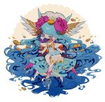 1girl absurdly_long_hair big_hair blue_dress blue_eyes blue_hair blush bow breasts bubble capelet clam_shell clam_shell_ornament cleavage clothing_cutout clownfish coral coral_hair_ornament deformed dress earrings fish floating floating_clothes floating_hair frilled_dress frills full_body gem gradient_hair hair_ornament head_wings high-low_dress highres jewelry littlebluemuffin long_hair multicolored_hair navel_cutout necklace off-shoulder_dress off_shoulder orange_nails original pearl pearl_earrings pearl_necklace ribbon sea_anemone seashell see-through_clothes see-through_headwear shell shell_earrings shell_hair_ornament small_breasts string_of_pearls tassel tassel_earrings very_long_hair wavy_hair white_background wings yellow_bow yellow_ribbon 