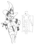  1boy 1girl absurdres anywhere_door bag bag_over_head breasts cleavage cosplay doraemon faust_(guilty_gear) glasses gloves greyscale guilty_gear guilty_gear_xrd guilty_gear_xx hat highres i-no i-no_(cosplay) jacket lipstick makeup monochrome nobi_tamako one_eye_closed paper_bag short_hair smile socks witch_hat 