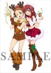  22/7 :d ;d animal_costume anime_coloring antlers bell boots breasts brown_boots brown_eyes brown_gloves brown_hair brown_shirt brown_shorts cleavage collar collarbone confetti detached_collar fake_antlers flower full_body fur-trimmed_skirt fur_trim gloves green_ribbon hair_flower hair_ornament hair_ribbon hand_on_another's_shoulder hat head_tilt high_ponytail holding holding_party_popper horns kono_miyako long_hair looking_at_viewer midriff miniskirt off-shoulder_shirt off_shoulder official_art one_eye_closed open_mouth party_popper ponytail red_collar red_eyes red_hair red_shirt red_skirt reindeer_antlers reindeer_costume ribbon sample_watermark santa_costume sato_reika shirt shorts simple_background skirt smile standing streamers teeth thigh_boots upper_teeth_only watermark white_background white_flower white_hat 