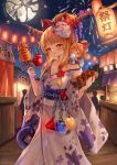  2girls absurdres aerial_fireworks alternate_costume ball_and_chain_restraint blonde_hair blush bow breasts brown_horns candy_apple chain cleavage clone commentary_request fireworks floral_print floral_print_kimono flower food full_moon gourd hair_bow hair_flower hair_ornament highres holding holding_candy_apple holding_food holding_shaved_ice horn_flower horn_ornament horn_ribbon horns ibuki_suika ikayaki japanese_clothes kimono lantern market_stall mask mask_on_head moon multiple_girls night obi oni open_mouth outdoors paper_lantern people print_kimono purple_sash red_bow red_flower rhea_(156latte) ribbon sash shaved_ice small_breasts summer_festival takoyaki touhou translation_request white_kimono yellow_eyes yukata 