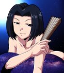  1other ass black_hair collarbone commentary_request completely_nude grey_eyes hand_fan highres holding holding_fan kujou_subaru looking_at_viewer lying moon nude on_stomach sakura_taisen sakura_taisen_v short_hair spit_(takethestrain) star_(sky) starry_sky_background starry_sky_print 