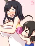  >_< 2girls :3 ahoge artist_logo black_hair blue_one-piece_swimsuit blush breasts brown_hair camera commentary_request dated hair_ornament holding holding_camera kanon_(kurogane_knights) kantai_collection large_breasts logo multiple_girls naked_towel one-piece_swimsuit open_mouth red_eyes shigure_(kancolle) short_hair story_in_commentary surprised swimsuit taking_picture towel upper_body yamashiro_(kancolle) 