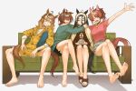  4girls agnes_tachyon_(umamusume) ahoge animal_ears arms_around_neck bangs_pinned_back bare_legs barefoot black_hair black_sandals black_skirt blinking braid breasts brown_hair chemical_structure closed_eyes closed_mouth commentary couch crossed_bangs crossed_legs cup dantsu_flame_(umamusume) ear_covers ear_ornament ear_tag earrings english_commentary feet flat_chest frilled_shorts frills green_skirt hair_between_eyes half_up_braid hands_up holding holding_cup horse_ears horse_girl horse_tail jacket jacket_on_shoulders jam_(umamusume) jewelry jungle_pocket_(umamusume) legs long_hair long_hair_between_eyes long_shirt looking_at_another manhattan_cafe_(umamusume) medium_breasts medium_hair mug mujintou_png multicolored_hair multiple_girls notched_ear off-shoulder_shirt off_shoulder on_couch open_clothes open_jacket open_mouth pillow pink_hair plaid_clothes plaid_skirt purple_shirt red_eyes ribbon sandals shirt shirt_tucked_in shorts single_earring sitting skirt smile soles spread_legs tail teeth toenails toes umamusume upper_teeth_only very_long_hair white_hair white_jacket white_ribbon white_shirt wolf_cut yellow_jacket yuri 