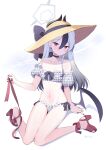  1girl bikini black_choker black_hair black_horns black_nails blue_archive breasts bright_pupils choker collarbone commentary_request demon_horns demon_wings earrings gradient_hair grey_bikini grey_hair grey_halo hair_between_eyes halo hat high_heel_sandals high_heels highres horns jewelry kayoko_(blue_archive) komi_zumiko mole mole_on_collarbone multicolored_hair nail_polish navel partial_commentary plaid_bikini plaid_clothes red_eyes sandals single_wing small_breasts smile solo sun_hat swimsuit toenail_polish toenails two-tone_hair white_hair white_pupils wings 