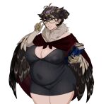  1girl animal_hands antenna_hair art_moira bags_under_eyes black_dress black_eyeshadow black_feathers book book_stack breasts brown_hair cape claws cleavage corruption_of_champions_2 covered_nipples dress earrings eyeshadow eyewear_strap feather_hair feathered_wings feathers game_asset hair_bun harpy holding holding_book huge_breasts jewelry lips lystra_(corruption_of_champions) makeup monster_girl neck_fur parted_lips pearl_earrings plump pointy_ears pregnant red_cape red_sash sash self-datamine semi-rimless_eyewear solo transparent_background under-rim_eyewear winged_arms wings yellow-framed_eyewear yellow_eyes 