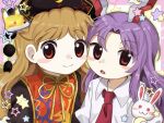  2girls animal_ears black_dress black_hat blonde_hair blush cheek-to-cheek chinese_clothes closed_mouth collared_shirt commentary_request crescent_print dalachi_(headdress) dress hat heads_together junko_(touhou) long_hair looking_at_viewer multiple_girls neck_ribbon necktie official_style open_mouth purple_hair rabbit_ears rabbit_girl red_eyes red_necktie red_tabard reisen_udongein_inaba ribbon shirt smile star_(symbol) tabard touhou white_shirt yamadainari yellow_ribbon zun_(style) 