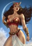  1girl arm_at_side artist_name belt bikini blue_sky bracer breasts brown_eyes brown_hair clenched_hand cloud commentary cowboy_shot crescent_moon dark-skinned_female dark_skin darna darna_(series) english_commentary eyelashes floating_hair hand_up helmet highres large_breasts legs_apart lipstick long_hair looking_afar makeup midriff moon parted_lips red_bikini red_helmet red_lips sky standing strapless strapless_bikini superhero_costume swimsuit teeth toned toned_female upper_teeth_only very_long_hair weijic winged_helmet 