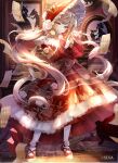  1girl blonde_hair bonnet chunithm clock closed_mouth commentary_request company_name crown dress eldione_vermilia floating_hair flower frilled_bonnet frills full_body goth_fashion gothic_lolita gun highres holding holding_gun holding_weapon komorihikki large_hat lolita_fashion looking_at_viewer mini_crown nail_polish official_art red_bonnet red_dress red_shoes revolver rose sega shoes socks solo standing trigger_discipline twintails weapon white_flower white_rose white_socks yellow_eyes 