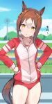  1girl absurdres alternate_costume animal_ears blurry blurry_background blush breasts brown_eyes brown_hair buruma collarbone fine_motion_(umamusume) hair_ornament highres horse_ears horse_girl horse_tail jacket looking_at_viewer medium_hair open_mouth racetrack sky small_breasts solo tail track_jacket umamusume yamato_(muchuu_paradigm) 