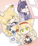  1boy 2girls absurdres animal_ear_fluff animal_ears arknights blonde_hair chibi chibi_only closed_eyes closed_mouth family father_and_child father_and_daughter flower fox_boy fox_ears fox_girl fox_tail full_body green_eyes hairband hand_on_own_cheek hand_on_own_face highres husband_and_wife japanese_clothes kimono kitsune kyuubi long_hair long_sleeves looking_at_viewer mother_and_child mother_and_daughter multiple_girls multiple_tails official_alternate_costume open_mouth own_hands_together parent_and_child pink_kimono purple_flower purple_hair red_hairband short_hair shuiqi_(mihuashi_9908000) smile spoken_object suzuran's_father_(arknights) suzuran_(arknights) suzuran_(yukibare)_(arknights) tail vulpisfoglia_(arknights) vulpisfoglia_(out_of_focus)_(arknights) wide_sleeves yellow_eyes 