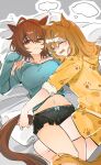  2girls absurdres agnes_tachyon_(umamusume) ahoge animal_ears aqua_shirt black_shorts brown_hair brown_tail chinese_commentary closed_eyes closed_mouth collarbone commentary_request crossed_bangs drooling fangs frilled_shorts frills grabbing_another's_tail hair_between_eyes hair_down hand_on_another's_shoulder highres horse_ears horse_girl horse_tail interlocked_legs jungle_pocket_(umamusume) leg_between_thighs long_sleeves loose_clothes loose_shirt medium_hair messy_hair midriff mouth_drool multiple_girls navel notched_ear one_eye_closed open_mouth pajamas paw_print pillow red_eyes shirt short_shorts shorts sidelocks sleeping sleepy sleeves_rolled_up squeans superduckvv tail umamusume yellow_pajamas yellow_shorts yuri 