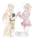  2girls bare_shoulders blonde_hair blue_shirt bow bowtie bracelet breasts cardigan celes_chere collared_shirt commentary_request cropped_legs cropped_vest detached_sleeves diagonal-striped_bow diagonal-striped_bowtie diagonal-striped_clothes dissidia_duellum_final_fantasy dissidia_final_fantasy feet_out_of_frame ff14hioo_oo7 final_fantasy final_fantasy_vi grey_skirt hair_bow hair_ornament jewelry korean_commentary ladder_cutout large_breasts long_hair medium_breasts multiple_girls official_alternate_costume open_mouth pants parted_bangs pink_bow pink_cardigan pink_eyes plaid_clothes plaid_skirt ponytail school_uniform shirt skirt smile striped_bow striped_bowtie striped_clothes terra_branford terra_branford_(school_cardigan) vest wavy_hair white_background white_shirt yellow_pants yellow_sleeves yellow_vest 