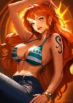  1girl absurdres akyaa_art arm_up artist_name bangle bare_shoulders belt bikini bikini_top_only blue_pants blush bracelet breasts brown_eyes cleavage collarbone commission cowboy_shot denim earrings english_commentary eyelashes gold_bangle green_bikini halterneck highres jeans jewelry large_breasts lips long_hair looking_at_viewer nami_(one_piece) navel one_piece open_mouth orange_hair pants pearl_earrings shoulder_tattoo sidelocks solo stomach swimsuit tattoo wavy_hair 