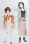  2girls abstract angel angel_wings black_boots black_eyes black_hair black_shirt boots brown_eyes brown_jacket collar commentary denim denim_jacket double-parted_bangs dress flip-flops fur-trimmed_jacket fur_trim haibane_renmei halo highres iskelly231764 jacket light_smile long_hair long_skirt messy_hair multiple_girls neckerchief open_clothes open_jacket orange_sailor_collar painting_(medium) rakka_(haibane_renmei) red_neckerchief red_skirt reki_(haibane_renmei) sailor_collar sandals shirt short_hair skirt standing traditional_media untranslatable_commentary watercolor_(medium) white_background white_collar white_dress wings 