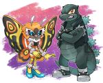  1boy 1girl absurdres annoyed antennae aqua_eyes aqua_shoes arthropod_girl artist_logo artist_name beak black_fur black_sclera black_shoes black_vest bracelet brown_fur clawed_hands colored_eyelashes colored_sclera commentary crossed_arms english_commentary fang fang_out fangs full_body furry furry_female furry_male godzilla godzilla_(series) green_scales grey_shoes happy high_heels highres insect_wings jewelry lilroundpumpkin logo looking_at_viewer mane monster_boy monster_girl moth_girl moth_wings mothra multicolored_fur multicolored_shoes orange_fur orange_skirt original parody partial_humanization personification popped_collar pumpkin red_eyes reptile_boy shoes skirt sleeveless smile sneer snout sonic_(series) spiked_bracelet spikes standing striped_clothes striped_skirt style_parody tail thick_eyelashes torn_vest two-tone_shoes two-tone_skirt vest white_eyelashes white_fur white_skirt wings yellow_fur yellow_sclera 