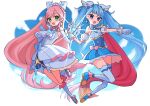  2girls :d absurdres ahoge ankle_boots arm_bow ascot asymmetrical_bangs bare_shoulders blue_boots blue_bow blue_dress blue_eyes blue_hair blue_sky boots bow braid brooch cape clenched_hand commentary cure_prism cure_sky cut_bangs detached_sleeves diagonal_bangs dress dress_bow earrings elbow_gloves frills fringe-trimmed_cape fringe_trim full_body gloves gradient_hair green_eyes hair_between_eyes hair_bow hair_ornament half_up_braid halter_dress halterneck hand_up heart heart_ahoge highres hirogaru_sky!_precure jewelry knee_up leg_up light_rays long_hair looking_at_viewer magical_girl medium_dress multicolored_hair multiple_girls nijigaoka_mashiro open_mouth outstretched_arm petticoat pink_bow pink_hair pink_streaks precure puffy_detached_sleeves puffy_sleeves red_cape side-by-side side_braids single_bare_shoulder single_earring single_hair_streak single_sidelock sky sleeveless sleeveless_dress smile sora_harewataru sphere_earrings spread_fingers streaked_hair swept_bangs twintails two-sided_cape two-sided_fabric two-tone_dress two-tone_hair very_long_hair wanya_wanya_panic white_ascot white_background white_boots white_bow white_dress white_gloves wing_brooch wing_hair_ornament 