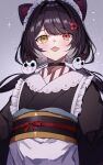  1girl absurdres animal_ears black_collar blush brown_hair brown_kimono brown_sash collar commentary dog_ears dog_girl dog_hair_ornament fangs flower frills grey_background hair_flower hair_ornament heterochromia highres inui_toko inui_toko_(1st_costume) japanese_clothes kimono koohii_mikan light_particles long_hair long_sleeves looking_at_viewer low_twintails maid_headdress nijisanji obi obiage obijime open_mouth red_eyes sash smile solo sparkle twintails upper_body virtual_youtuber white_headdress yellow_eyes 