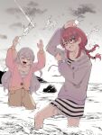  2girls bang_dream! bang_dream!_yumemita beach braid cardigan closed_eyes collarbone commentary gradient_clothes grey_hair hair_between_eyes hair_ornament hairclip highres hood hoodie long_hair miyanaga_nonoka multiple_girls ocean parallel_hairclips red_eyes red_hair sengoku_yuno side_braid smile splashing striped_clothes sweater thighs tsuyudashimirin twin_braids untranslatable_commentary x_hair_ornament 