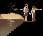  1girl 1other animal_ears antlers artisticazurite black_skirt blonde_hair brown_hair brown_pants checkered_clothes checkered_sweater_vest deer_antlers deer_ears deer_girl deltarune doorway english_commentary green_sweater green_sweater_vest highres holding_hands horns kris_(deltarune) noelle_holiday outstretched_arm pants partially_shaded_face single_horizontal_stripe skirt smile stairs sun sweater sweater_vest the_truman_show thorn_ring_(deltarune) utdr_(toby_fox) water weird_route_(deltarune) 