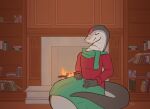  apode bedding blanket clothed clothing draconcopode fireplace hi_res inside jintally legless library male naga reptile scalie scarf serpentine snake sweater topwear 