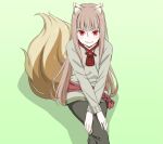  1girl absurdres amasaki_manamu animal_ear_fluff animal_ears brown_tail closed_mouth commentary_request crossed_legs crossed_wrists feet_out_of_frame green_background grey_hair grey_pants grey_shirt highres holo long_hair long_sleeves looking_at_viewer neck_pouch pants red_eyes second-party_source shirt simple_background sitting solo spice_and_wolf tail wolf_ears wolf_girl wolf_tail 