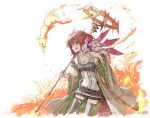  1girl bandeau character_name commentary_request creature creature_on_shoulder duel_monster fire fox fox_fire_(yu-gi-oh!) hand_up hiita_(yu-gi-oh!) hiita_the_fire_charmer_ablaze holding holding_staff long_sleeves navel on_shoulder open_clothes open_robe open_shirt orange_hair red_eyes robe smile staff tamago_(xyxk3743) teeth thighhighs unbuttoned unbuttoned_shirt wide_sleeves yu-gi-oh! 
