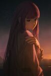  1girl absurdres blunt_bangs blurry blurry_background closed_mouth commentary dress english_commentary fern_(sousou_no_frieren) from_behind hand_on_own_shoulder harstor highres horizon long_hair looking_at_viewer night outdoors purple_eyes purple_hair sky solo sousou_no_frieren star_(sky) starry_sky straight_hair upper_body white_dress 