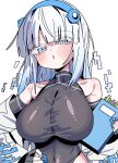  1girl black_leotard blue_eyes blue_hair blue_nails blush breasts coat commentary_request fairy_(zenless_zone_zero) hand_on_own_hip highres holding large_breasts leotard long_hair looking_at_viewer multicolored_hair open_clothes open_coat open_mouth personification rukir777 simple_background solo turtleneck turtleneck_leotard upper_body white_background white_coat white_hair zenless_zone_zero 