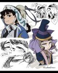  1boy 1girl akatsukineo black_eyes black_hair blood blood_on_face blush boqta braid chinstrap closed_eyes closed_mouth commentary_request fur-trimmed_headwear fur_trim hat highres long_hair mongolian_clothes multiple_views ogedei_(tenmaku_no_jaadugar) open_clothes open_mouth purple_eyes robe short_hair signature simple_background smile tenmaku_no_jaadugar toregene_(tenmaku_no_jaadugar) translation_request 