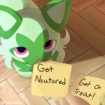  bisbanan commentary english_commentary english_text green_fur highres looking_at_viewer pink_eyes pokemon pokemon_(creature) solo_focus sprigatito sticky_note two-tone_fur wooden_floor 