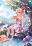  2girls :d ;d absurdres afloat alternate_costume ball ball_and_chain_restraint bare_arms blonde_hair blue_sky blush bow bowtie brown_horns chain cherry clone closed_eyes cloud commentary_request cube day dress eating flower food fruit gourd grey_dress hair_bow highres horn_flower horn_ornament horn_ribbon horns ibuki_suika light_rays multiple_girls name_connection object_namesake one_eye_closed oni open_mouth outdoors ponytail pyramid_(geometry) red_bow red_bowtie rhea_(156latte) ribbon rock sitting sky sleeveless sleeveless_dress smile soaking_feet stream sundress sunflower sunlight touhou tree water watermelon watermelon_slice white_flower yellow_eyes yellow_flower 