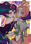  2girls absurdres back_tattoo black_dress blue_eyes border breasts colored_extremities commentary dress fang green_eyes hair_flaps heterochromia highres hug joko_boo league_of_legends multiple_girls neeko_(league) pink_eyes pink_hair pointy_ears pout purple_hair star_guardian_(league) star_guardian_neeko star_guardian_zoe tail tattoo white_border white_dress zoe_(league) 