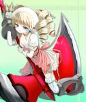  1girl armored_boots axe battle_axe blonde_hair blue_eyes boots breasts commentary_request copyright_name double-sided_axe dress drill_hair earrings fang fang_out gauntlets gloves green_background huge_weapon iron_princess_ymir jewelry looking_at_viewer ori_(ori4696) pointy_ears queen's_blade simple_background smile solo weapon ymir_(queen's_blade) 