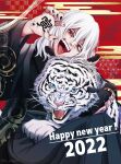  1boy 2022 animal asa_no_ha_(pattern) black_nails boku_no_hero_academia checkered chinese_zodiac claw_pose egasumi fangs foreground_text fu_jimipo gloves hair_between_eyes half_gloves happy_new_year highres holding holding_animal japanese_clothes kimono long_hair looking_at_viewer male_focus mole mole_under_mouth multicolored_background nengajou new_year open_mouth red_eyes sakuramon scar scar_across_eye scar_on_face scar_on_mouth seigaiha shigaraki_tomura single_glove sitting solo_focus spiral swirl teeth text_focus tiger tongue tongue_out upper_teeth white_hair white_tiger writing_on_hand year_of_the_tiger 
