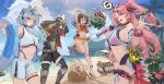  1boy 3girls absurdres anby_demara animal_ear_fluff animal_ears bangboo_(zenless_zone_zero) barcode barcode_tattoo bare_shoulders baseball_bat beach bikini bikini_skirt billy_kid bird black_choker black_hair black_shorts blue_sky breasts cat_ears cat_girl choker crop_top cup dark-skinned_female dark_skin drinking_straw facial_mark fang food forehead_mark forehead_tattoo fruit green_hair grey_hair hands_on_own_head highres holding holding_baseball_bat holding_cup holding_swim_ring humanoid_robot joints lan_xiezi large_breasts long_hair looking_at_viewer metal_baseball_bat midriff mole mole_under_eye multiple_girls navel nekomiya_mana nicole_demara ocean pink_hair pink_nails red_eyes robot robot_boy robot_joints sand_sculpture scrunchie short_hair short_shorts shorts skin_fang sky smile swim_ring swimsuit tattoo triangle triangle_facial_mark two_side_up visor_cap watermelon white_hair white_shorts wrist_scrunchie yellow_eyes zenless_zone_zero 