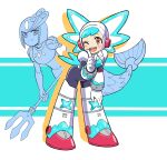 2girls android armor black_bodysuit blue_background blue_hair blush bodysuit clothing_request commentary_request derivative_work dot_nose full_body gloves hand_on_own_thigh happy highres holding holding_polearm holding_weapon index_finger_raised komagoma looking_at_viewer mega_man:_dual_override mega_man_(classic) mega_man_(series) mega_man_9 merfolk mermaid monster_girl multiple_girls official_art_redraw one_eye_closed open_mouth polearm red_eyes robot_girl smile splash_woman split_mouth teeth trident twinkle_girl two-tone_background upper_teeth_only weapon white_armor white_background white_gloves 