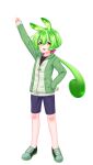  1girl :3 :d absurdres arm_up blush_stickers bow bright_pupils double-parted_bangs edomura_niniko full_body green_hair green_hoodie green_shoes hair_between_eyes hair_bow highres hood hood_down hoodie long_hair long_sleeves looking_at_viewer low_ponytail official_art open_mouth orange_eyes outstretched_arm pink_bow ponytail purple_shorts shoes shorts simple_background sleeves_past_wrists smile sneakers solo standing transparent_background v-shaped_eyebrows voicevox white_pupils zundamon 