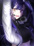  1girl :d arm_up black_necktie black_shirt blue_hair breasts collared_shirt commentary crop_top cropped_jacket cropped_shirt earpiece fangs floating_hair highres idol isegye_idol jacket korean_commentary lilpa long_hair long_sleeves looking_at_viewer medium_breasts midriff necktie open_clothes open_jacket open_mouth shirt side_ponytail smile sobayaki18 solo sweat teeth upper_body very_long_hair virtual_youtuber waktaverse white_jacket wing_collar yellow_eyes 