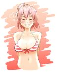 1girl arms_behind_back bikini blue_background blue_eyes blush breasts cleavage closed_eyes closed_mouth collarbone commentary_request front-tie_bikini_top front-tie_top grin hair_bun heart komado_riru large_breasts looking_to_the_side multicolored_bikini navel official_alternate_costume pink_background pink_hair red_bikini short_hair single_hair_bun single_side_bun smile solo striped_bikini striped_clothes swimsuit two-tone_background two-tone_bikini upper_body v-shaped_eyebrows white_bikini yahari_ore_no_seishun_lovecome_wa_machigatteiru. yuigahama_yui 
