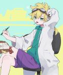  1boy blonde_hair candy coat commentary_request crossed_legs food food_in_mouth goggles goggles_on_head green_eyes green_hoodie highres holding holding_pencil hood hood_down hoodie jett_(human)_(precure) jett_(precure) lab_coat lollipop lollipop_in_mouth long_sleeves male_focus meitantei_precure! open_clothes open_coat open_mouth pencil precure purple_shorts sakana_625 shorts sitting solo squiggle white_coat 